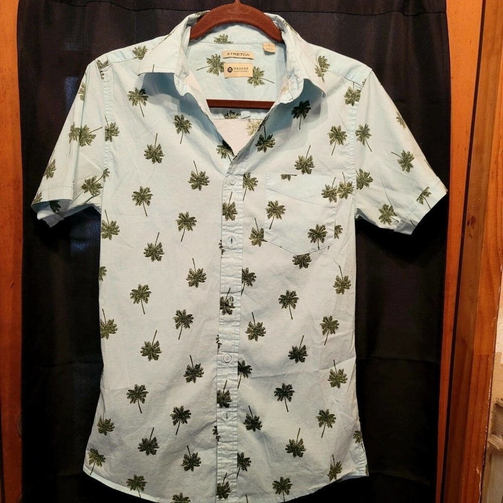 Haggar Clothing Stretch M Small Short Sleeve Button Down Mint Green Green Trees